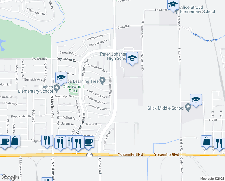 map of restaurants, bars, coffee shops, grocery stores, and more near 540 Codington Way in Modesto