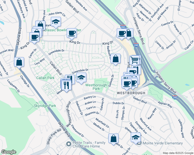 map of restaurants, bars, coffee shops, grocery stores, and more near 3607 Gilbert Court in South San Francisco