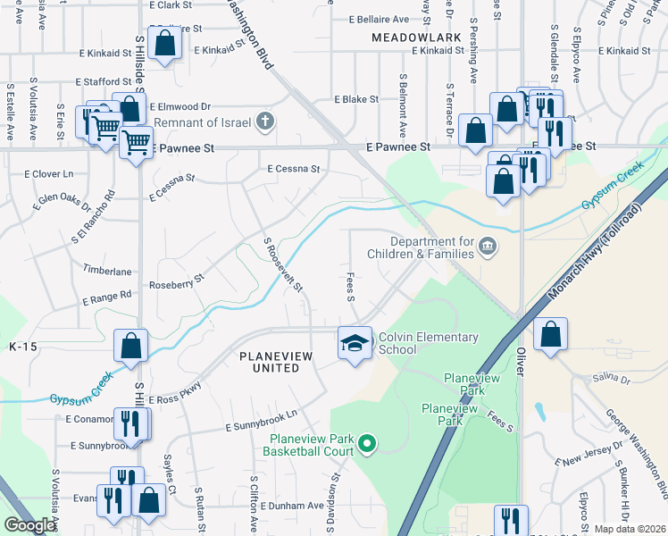 map of restaurants, bars, coffee shops, grocery stores, and more near 2629 Fees South in Wichita