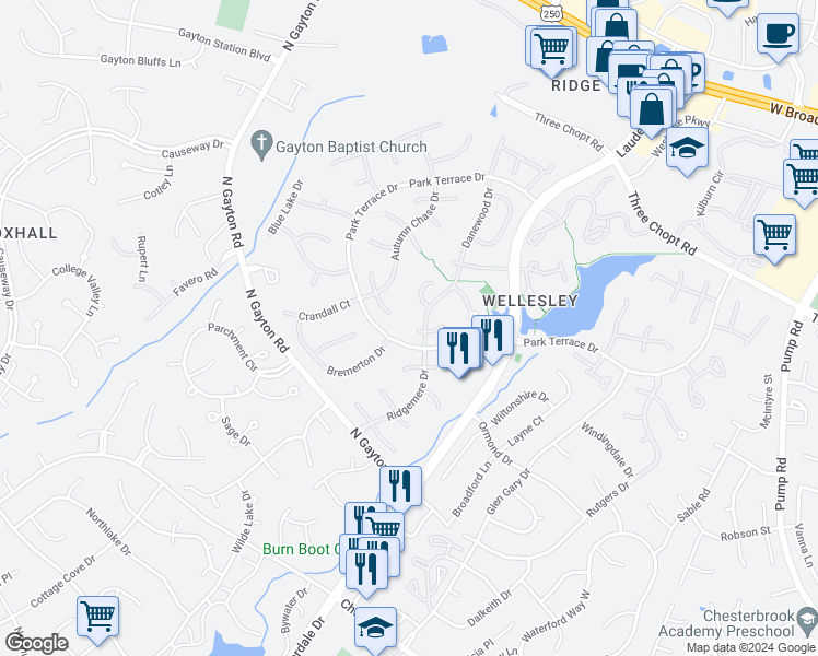 map of restaurants, bars, coffee shops, grocery stores, and more near 13112 Silent Wood Court in Richmond