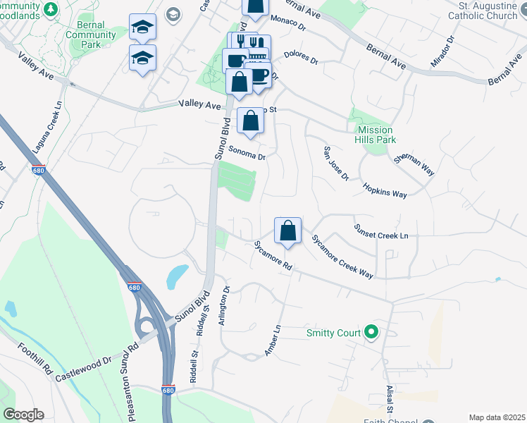 map of restaurants, bars, coffee shops, grocery stores, and more near 6056 Sycamore Terrace in Pleasanton