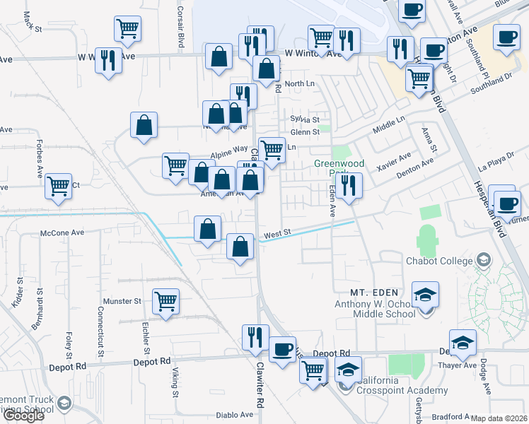 map of restaurants, bars, coffee shops, grocery stores, and more near 23966 Clawiter Road in Hayward