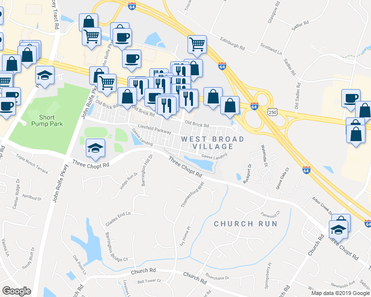 map of restaurants, bars, coffee shops, grocery stores, and more near 424 Geese Landing in Glen Allen