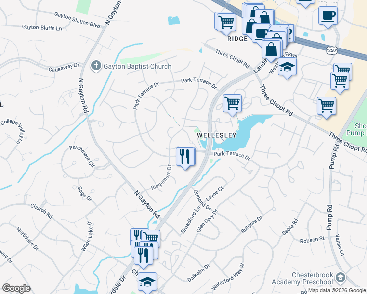 map of restaurants, bars, coffee shops, grocery stores, and more near 13005 Silent Wood Court in Henrico