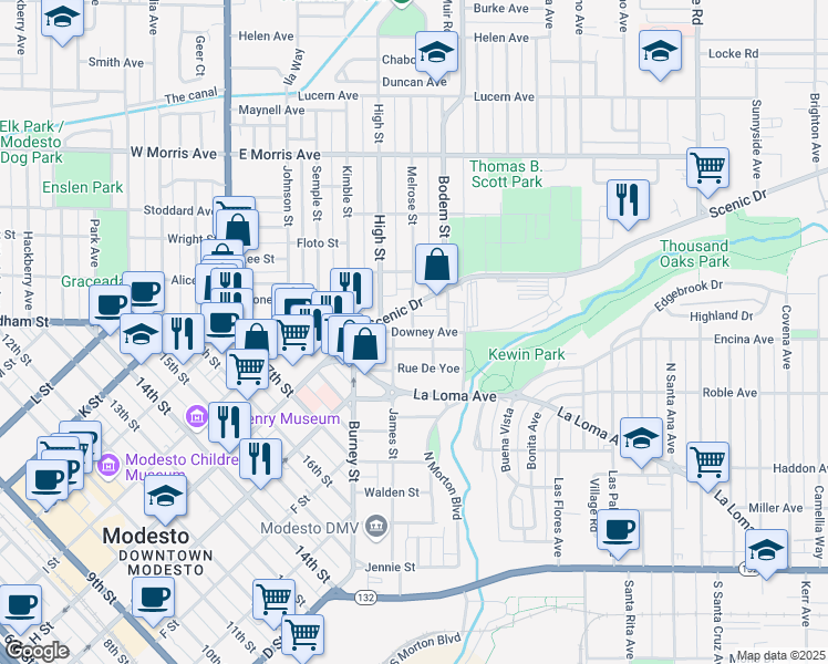 map of restaurants, bars, coffee shops, grocery stores, and more near Downey Avenue & Melrose Street in Modesto