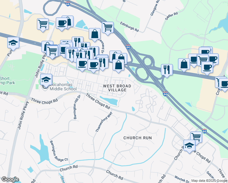 map of restaurants, bars, coffee shops, grocery stores, and more near 3808 Pumpkin Seed Lane in Glen Allen