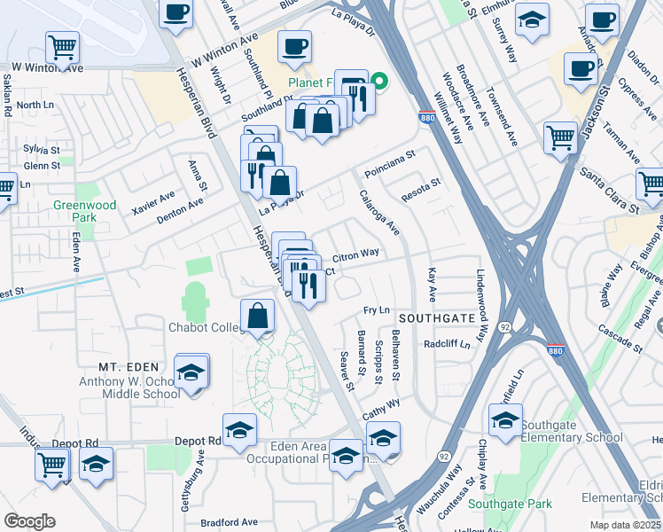 map of restaurants, bars, coffee shops, grocery stores, and more near 1158 Citron Way in Hayward