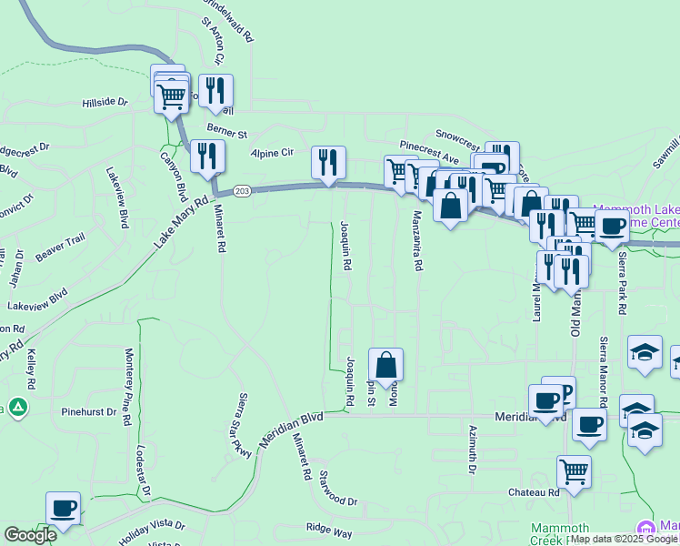 map of restaurants, bars, coffee shops, grocery stores, and more near 207 Joaquin Road in Mammoth Lakes