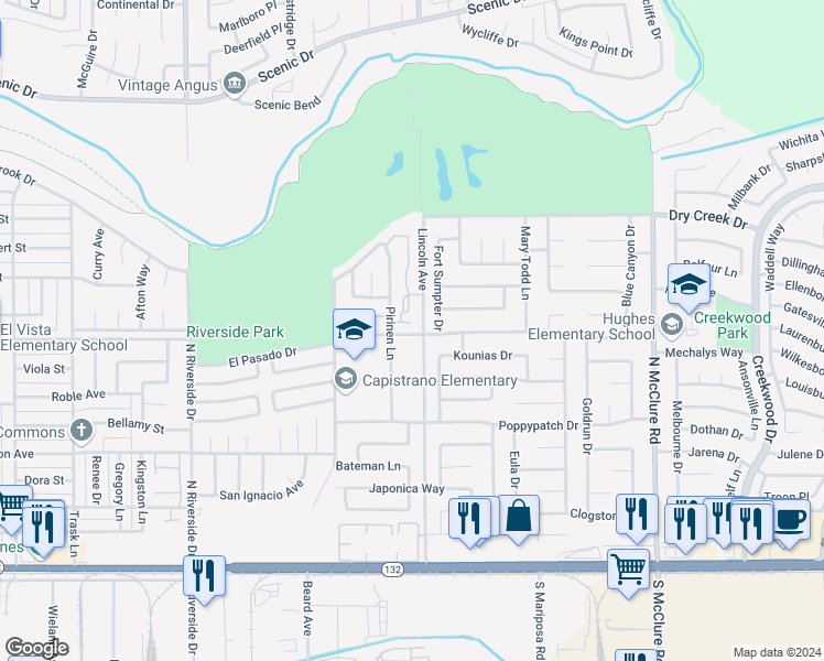 map of restaurants, bars, coffee shops, grocery stores, and more near 503 Fort Sumpter Drive in Modesto