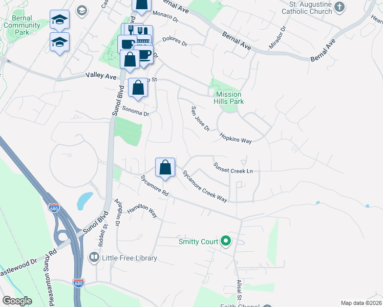 map of restaurants, bars, coffee shops, grocery stores, and more near 732 Summit Creek Lane in Pleasanton