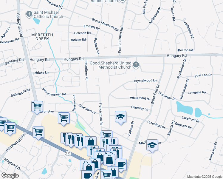 map of restaurants, bars, coffee shops, grocery stores, and more near 9310 Crystalwood Lane in Richmond