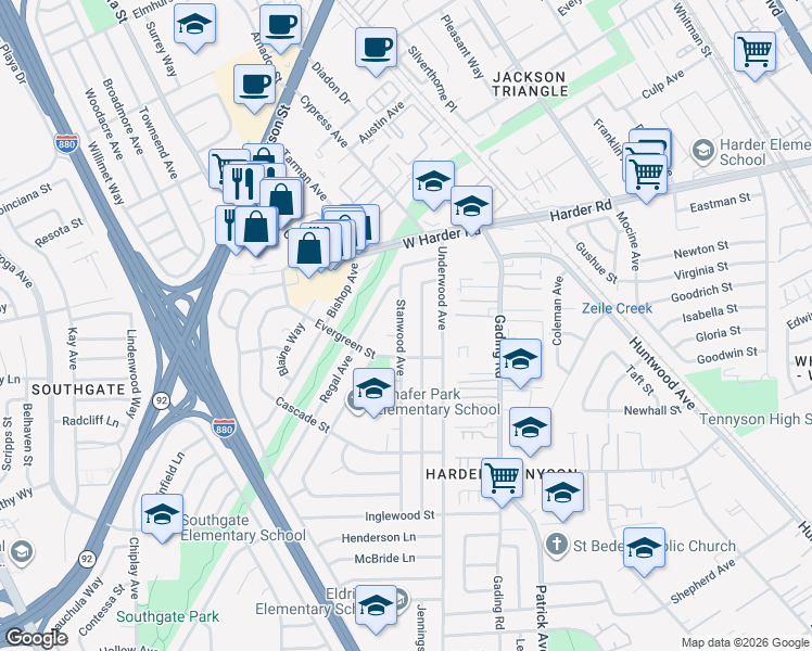 map of restaurants, bars, coffee shops, grocery stores, and more near 26060 Stanwood Avenue in Hayward
