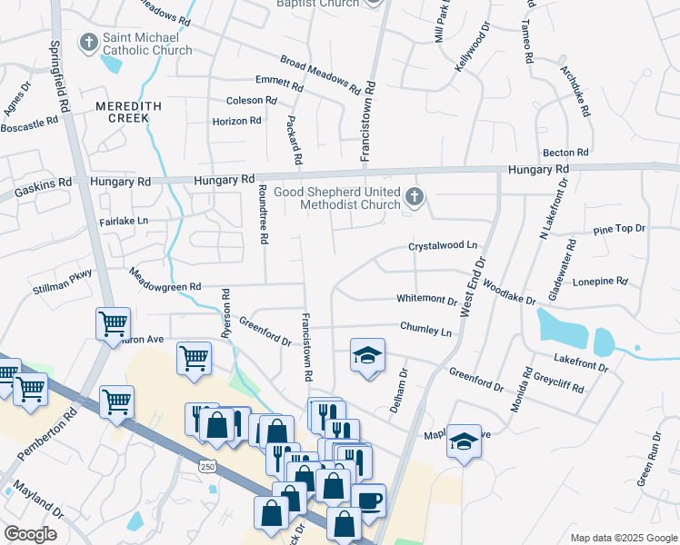 map of restaurants, bars, coffee shops, grocery stores, and more near 9310 Crystalwood Ln in Richmond