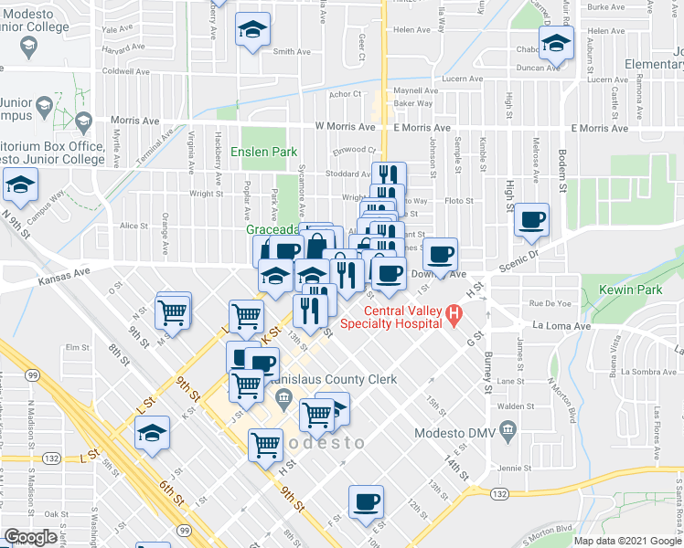map of restaurants, bars, coffee shops, grocery stores, and more near 1029 16th Street in Modesto
