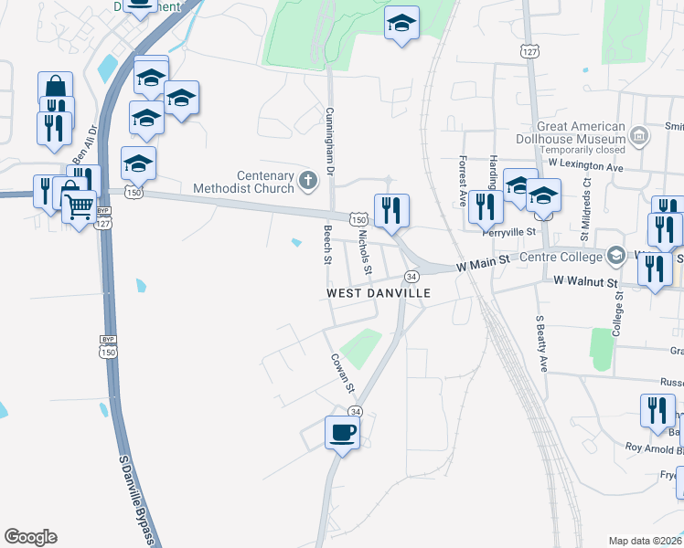 map of restaurants, bars, coffee shops, grocery stores, and more near 136 Robertson Lane in Danville