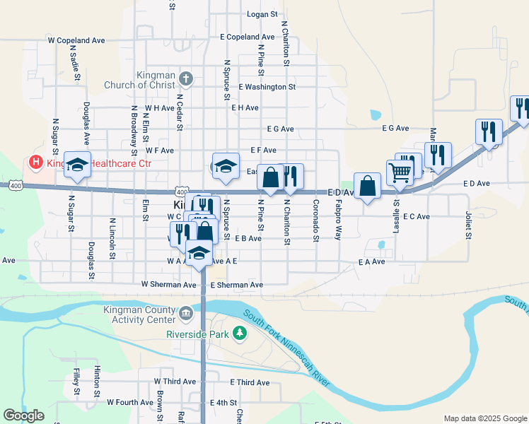 map of restaurants, bars, coffee shops, grocery stores, and more near 302 East C Avenue in Kingman