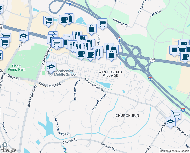 map of restaurants, bars, coffee shops, grocery stores, and more near 2201 Liesfeld Parkway in Glen Allen
