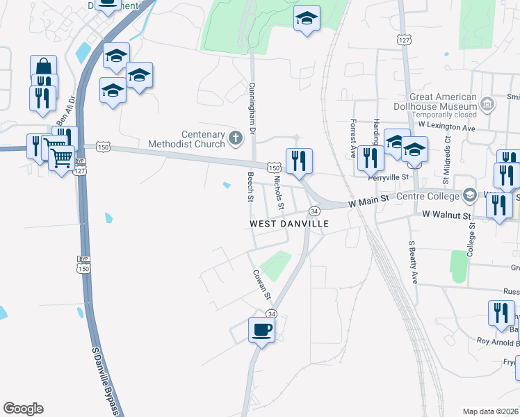 map of restaurants, bars, coffee shops, grocery stores, and more near 136 Robertson Lane in Danville