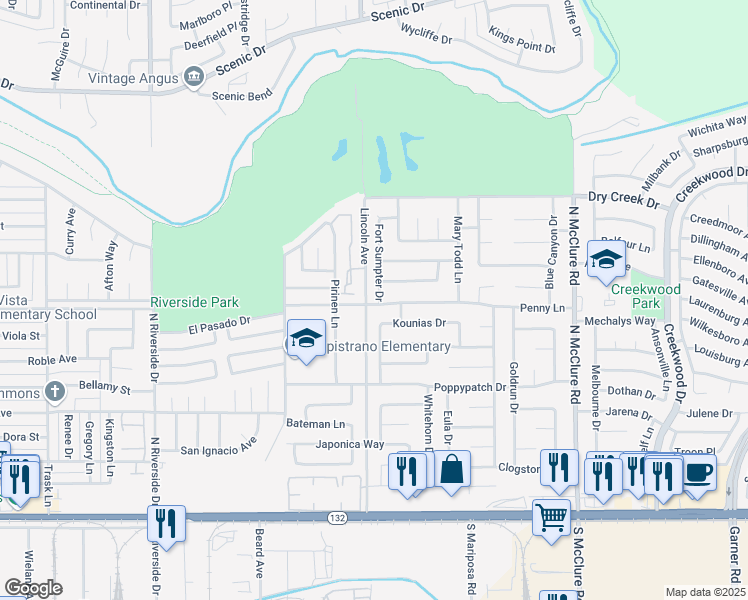 map of restaurants, bars, coffee shops, grocery stores, and more near 503 Fort Sumpter Drive in Modesto