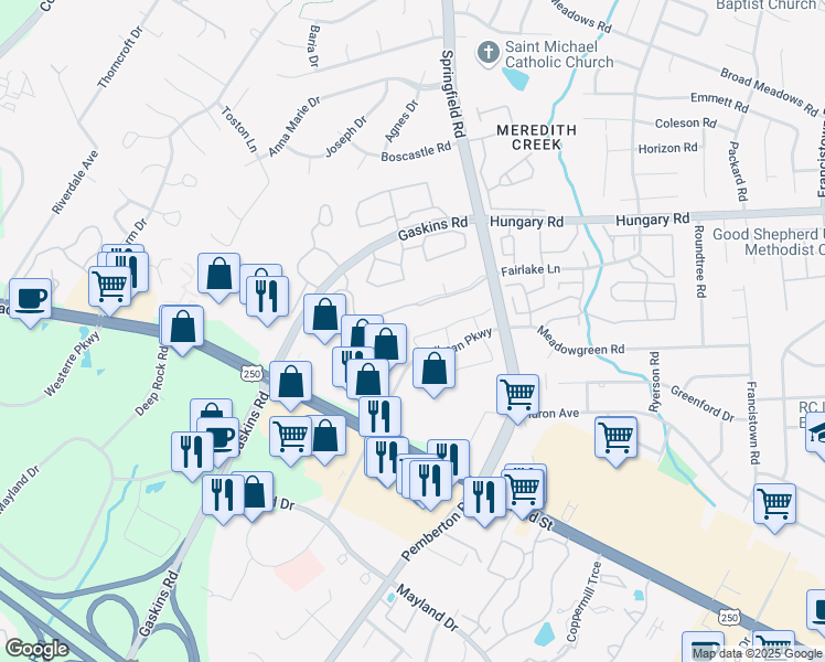 map of restaurants, bars, coffee shops, grocery stores, and more near 9728 Springfield Woods Circle in Glen Allen
