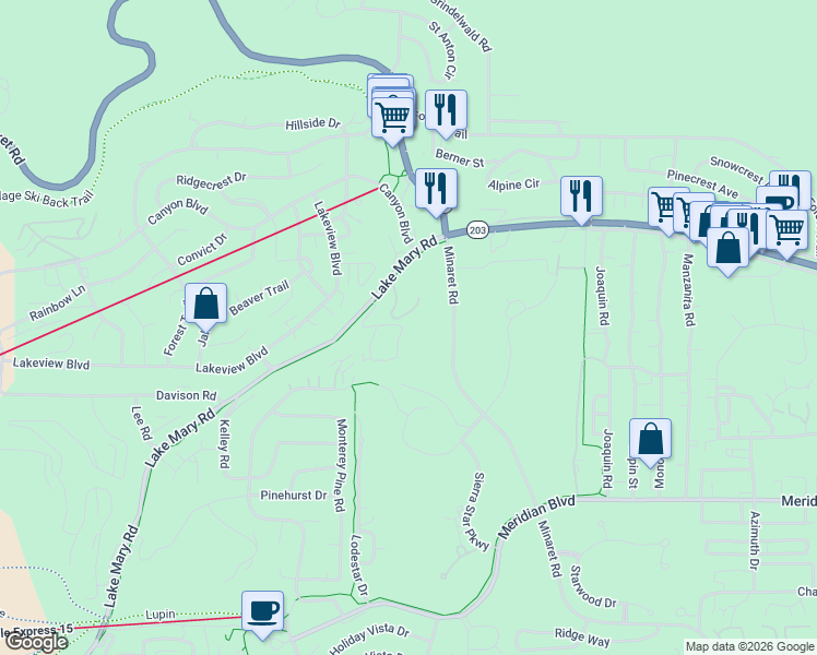 map of restaurants, bars, coffee shops, grocery stores, and more near 204 Hidden Valley Road in Mammoth Lakes