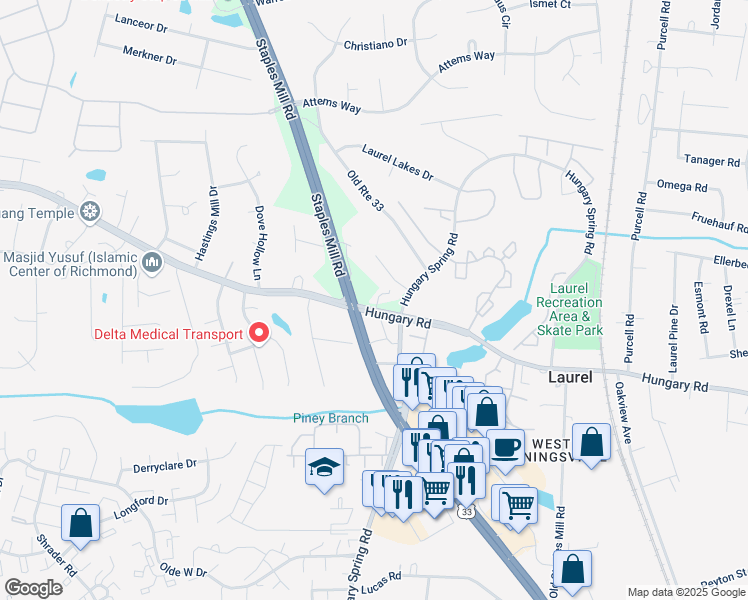 map of restaurants, bars, coffee shops, grocery stores, and more near 8120 Hungary Road in Glen Allen