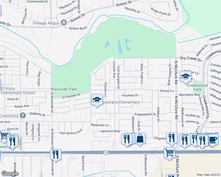 map of restaurants, bars, coffee shops, grocery stores, and more near 2905 Penny Lane in Modesto