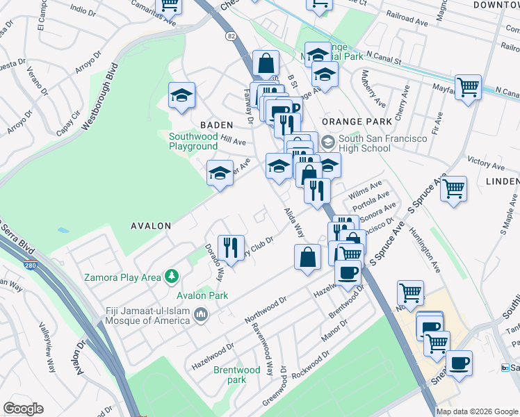 map of restaurants, bars, coffee shops, grocery stores, and more near 139 Rosa Flora Circle in South San Francisco