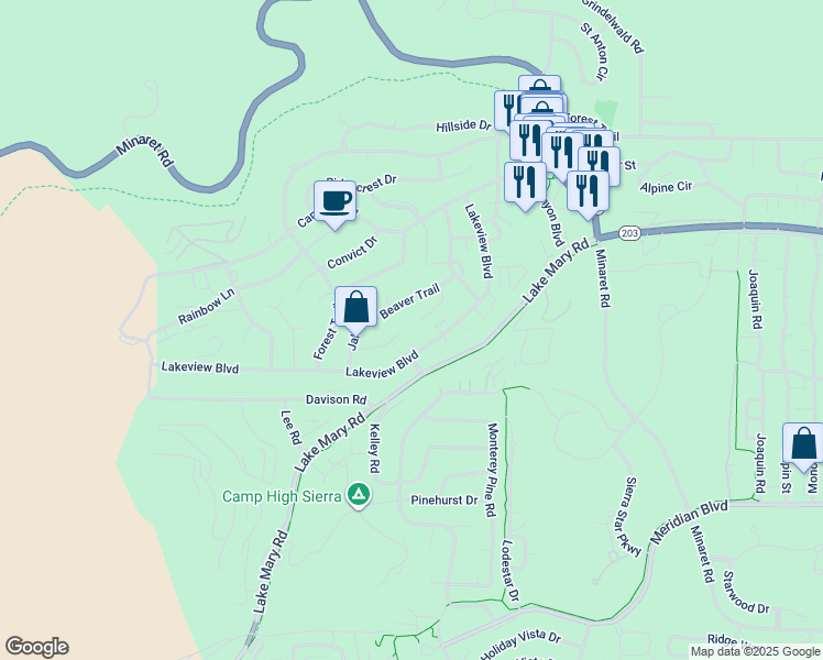 map of restaurants, bars, coffee shops, grocery stores, and more near 103 Larkspur Lane in Mammoth Lakes