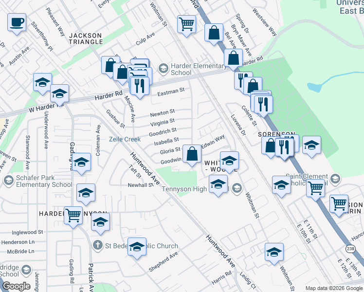 map of restaurants, bars, coffee shops, grocery stores, and more near 266 Gloria Street in Hayward