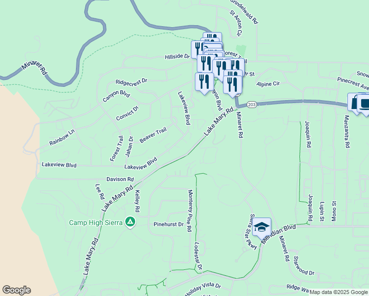 map of restaurants, bars, coffee shops, grocery stores, and more near Lake Mary Road in Mammoth Lakes