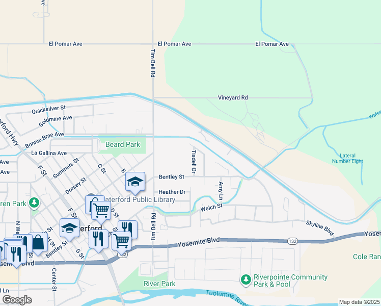 map of restaurants, bars, coffee shops, grocery stores, and more near 515 Tisdell Drive in Waterford