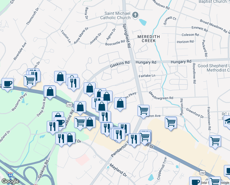 map of restaurants, bars, coffee shops, grocery stores, and more near 9724 Springfield Woods Circle in Glen Allen