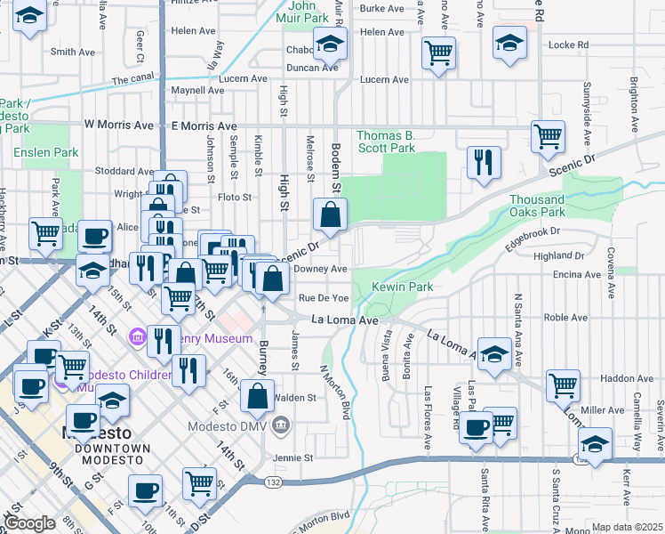 map of restaurants, bars, coffee shops, grocery stores, and more near 619 Downey Avenue in Modesto