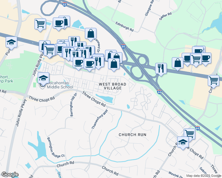 map of restaurants, bars, coffee shops, grocery stores, and more near 3812 Pumpkin Seed Lane in Glen Allen