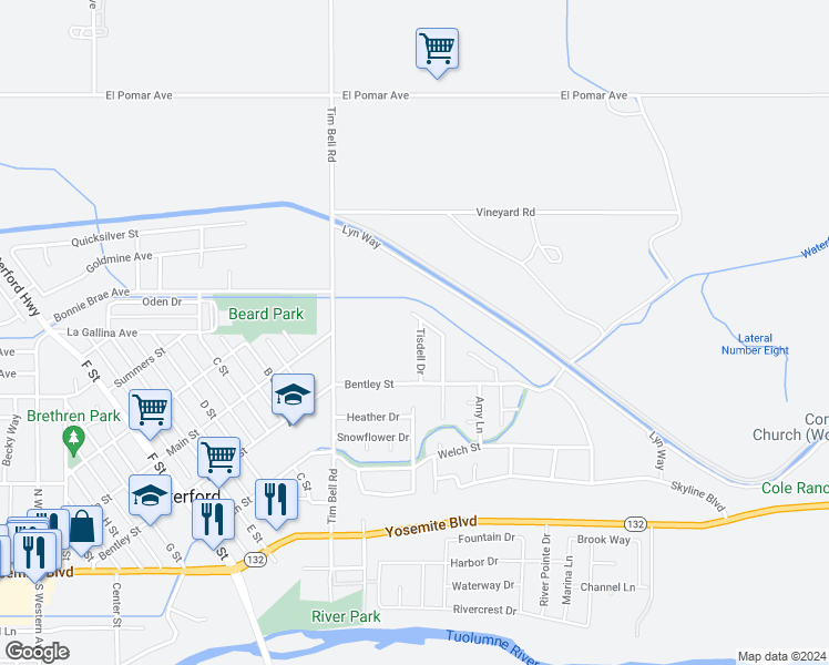 map of restaurants, bars, coffee shops, grocery stores, and more near 515 Tisdell Drive in Waterford