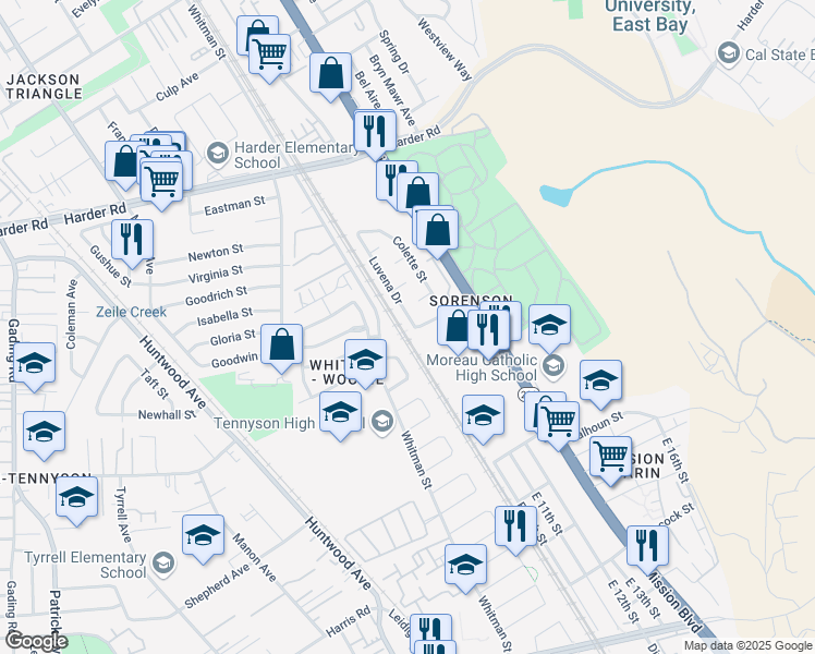 map of restaurants, bars, coffee shops, grocery stores, and more near 26701 Luvena Dr in Hayward