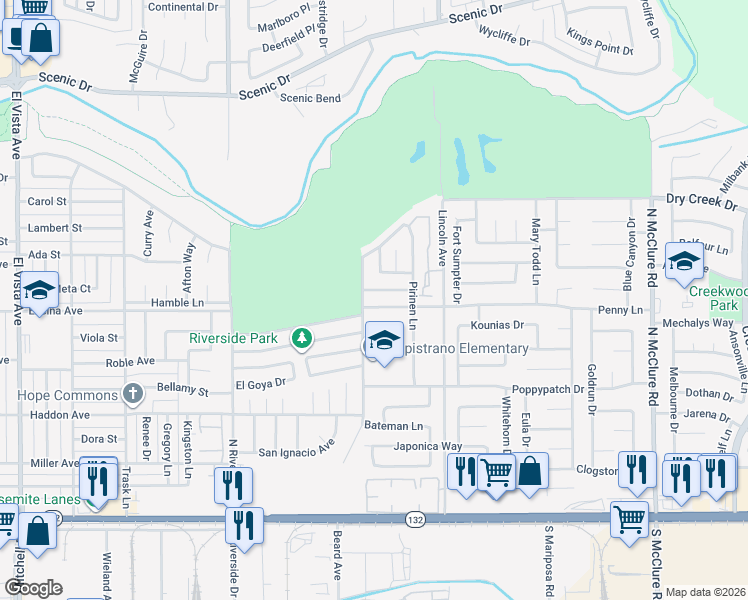 map of restaurants, bars, coffee shops, grocery stores, and more near 2809 Penny Lane in Modesto