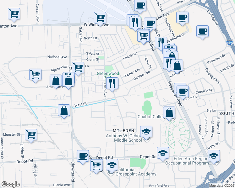 map of restaurants, bars, coffee shops, grocery stores, and more near 1585 West Street in Hayward