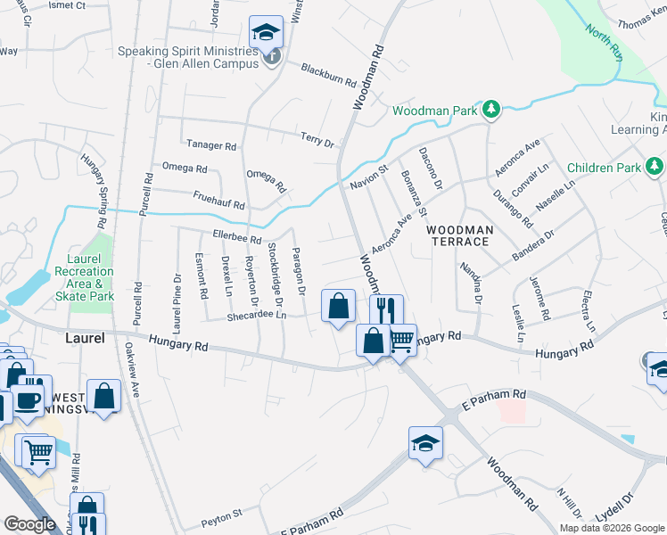 map of restaurants, bars, coffee shops, grocery stores, and more near 2425 Ramsey Court in Richmond