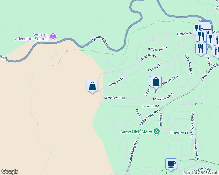 map of restaurants, bars, coffee shops, grocery stores, and more near 413 Rainbow Lane in Mammoth Lakes