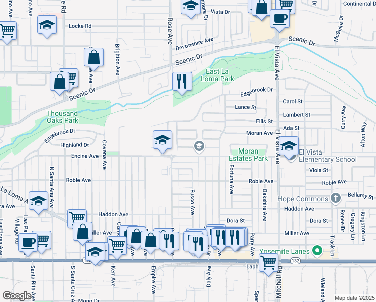 map of restaurants, bars, coffee shops, grocery stores, and more near 1832 Laurel Oak Drive in Modesto
