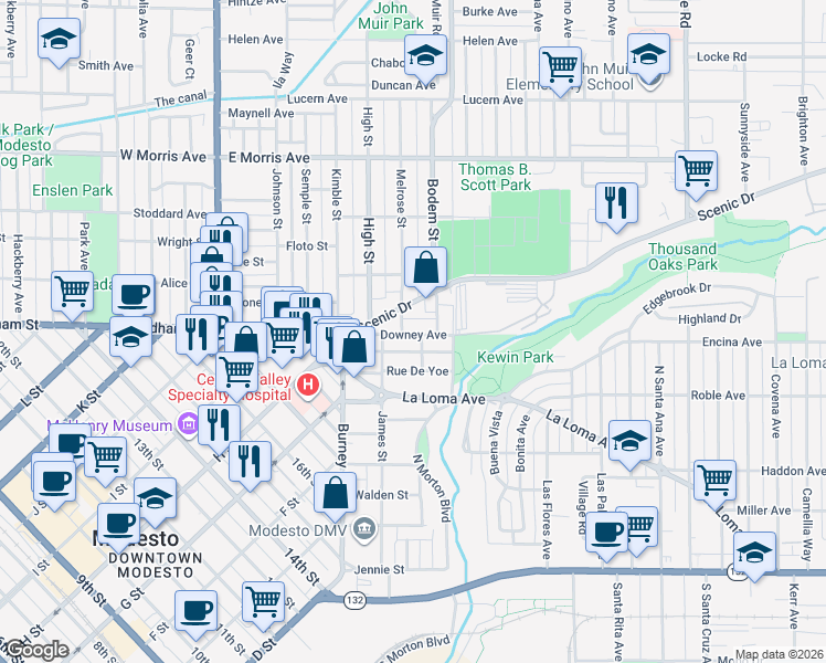 map of restaurants, bars, coffee shops, grocery stores, and more near 619 Downey Avenue in Modesto