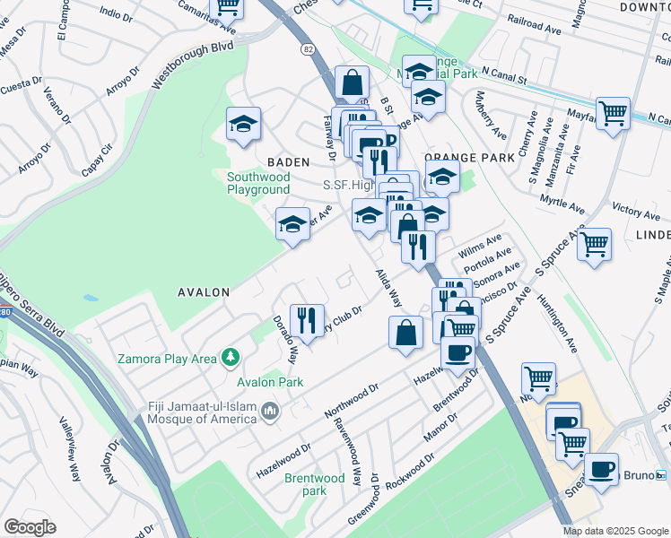 map of restaurants, bars, coffee shops, grocery stores, and more near 139 Rosa Flora Circle in South San Francisco