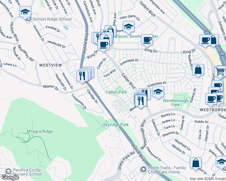 map of restaurants, bars, coffee shops, grocery stores, and more near 2681 Cromwell Row in South San Francisco