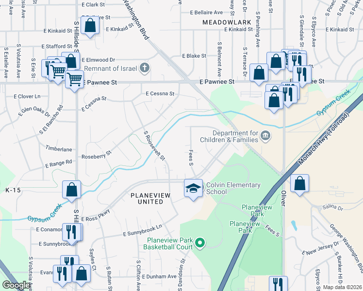 map of restaurants, bars, coffee shops, grocery stores, and more near 2629 Fees South in Wichita