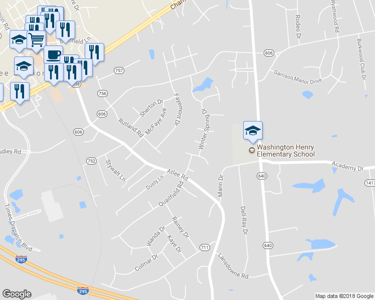 map of restaurants, bars, coffee shops, grocery stores, and more near 8558 Meadowsweet Drive in Mechanicsville