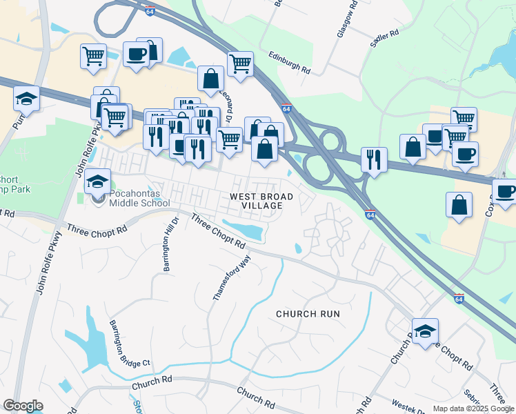 map of restaurants, bars, coffee shops, grocery stores, and more near 3812 Pumpkin Seed Lane in Glen Allen