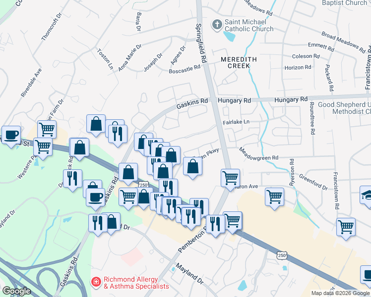 map of restaurants, bars, coffee shops, grocery stores, and more near 9728 Springfield Woods Circle in Glen Allen