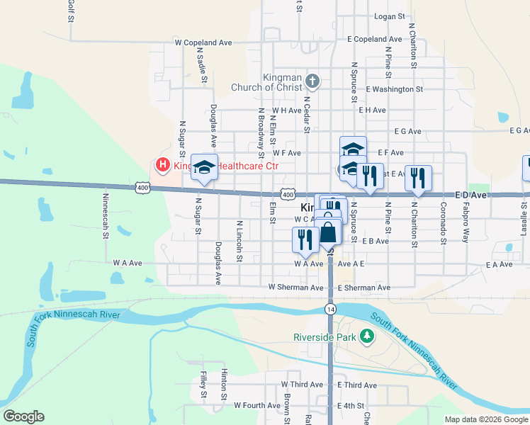 map of restaurants, bars, coffee shops, grocery stores, and more near 400-446 Elm Street in Kingman